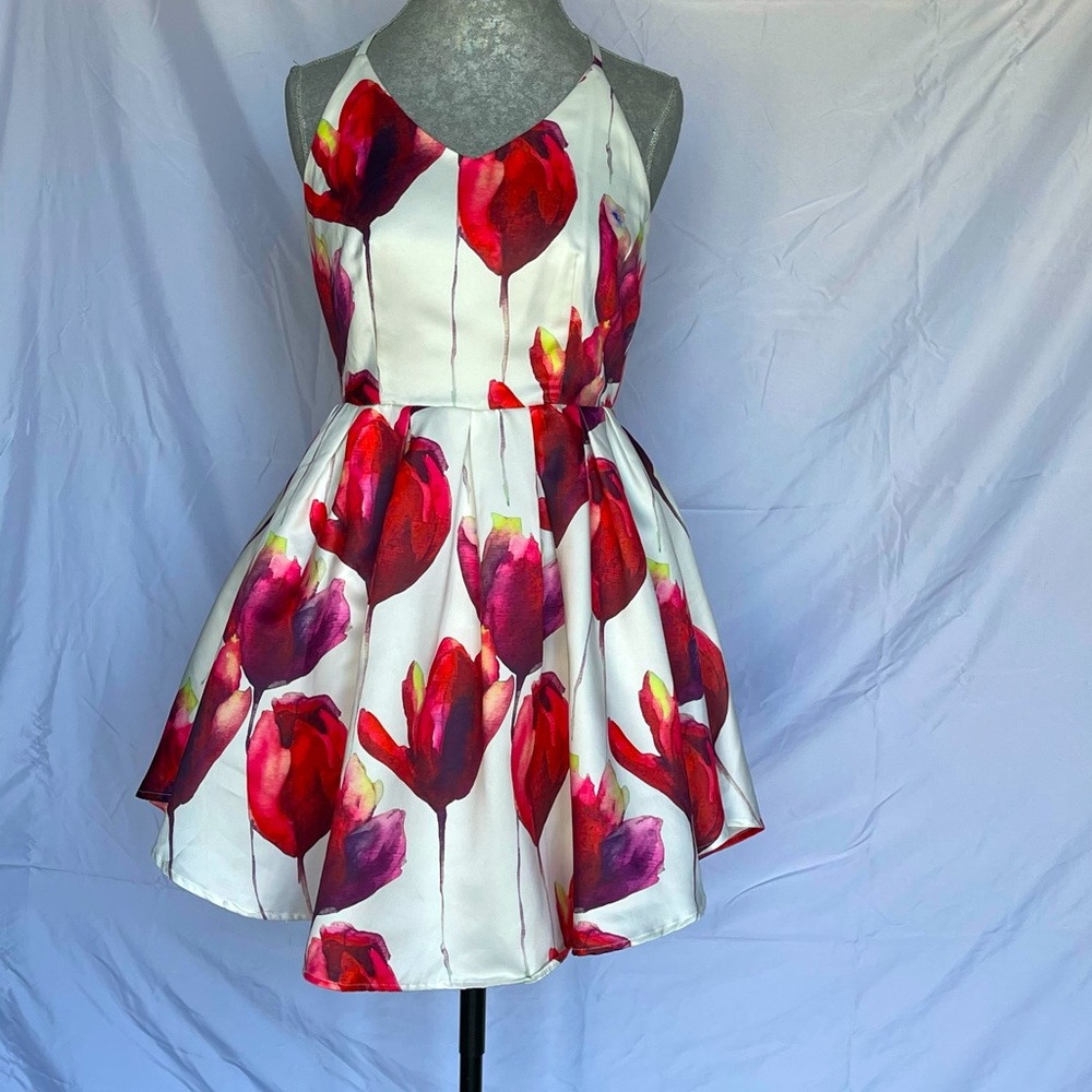 Floral red and purple criss cross back dress